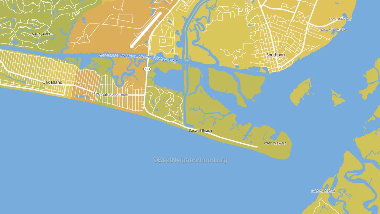 Map of the best neighborhoods in the Caswell Beach area, with better matches in green and worse matches in red