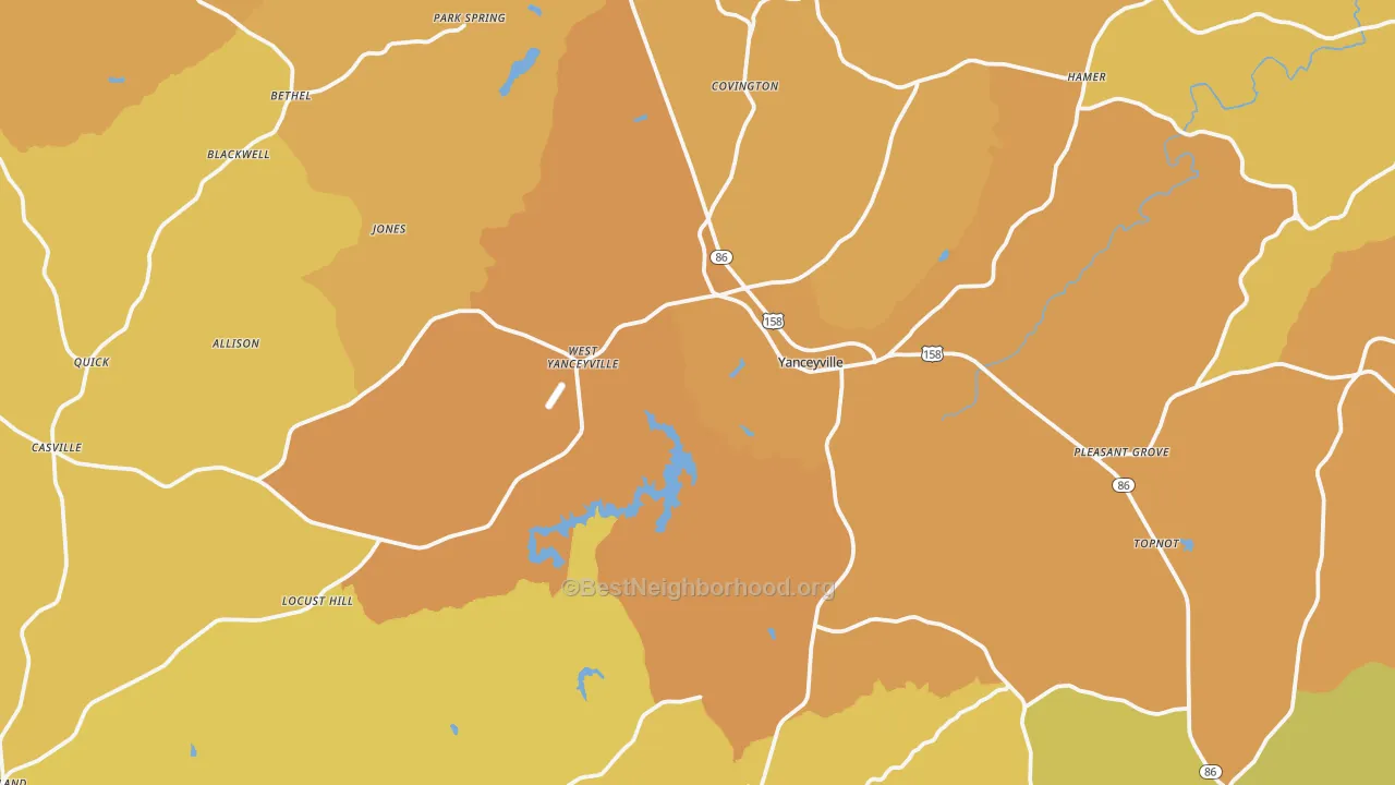 Map of the best neighborhoods in the Caswell County area, with better matches in green and worse matches in red