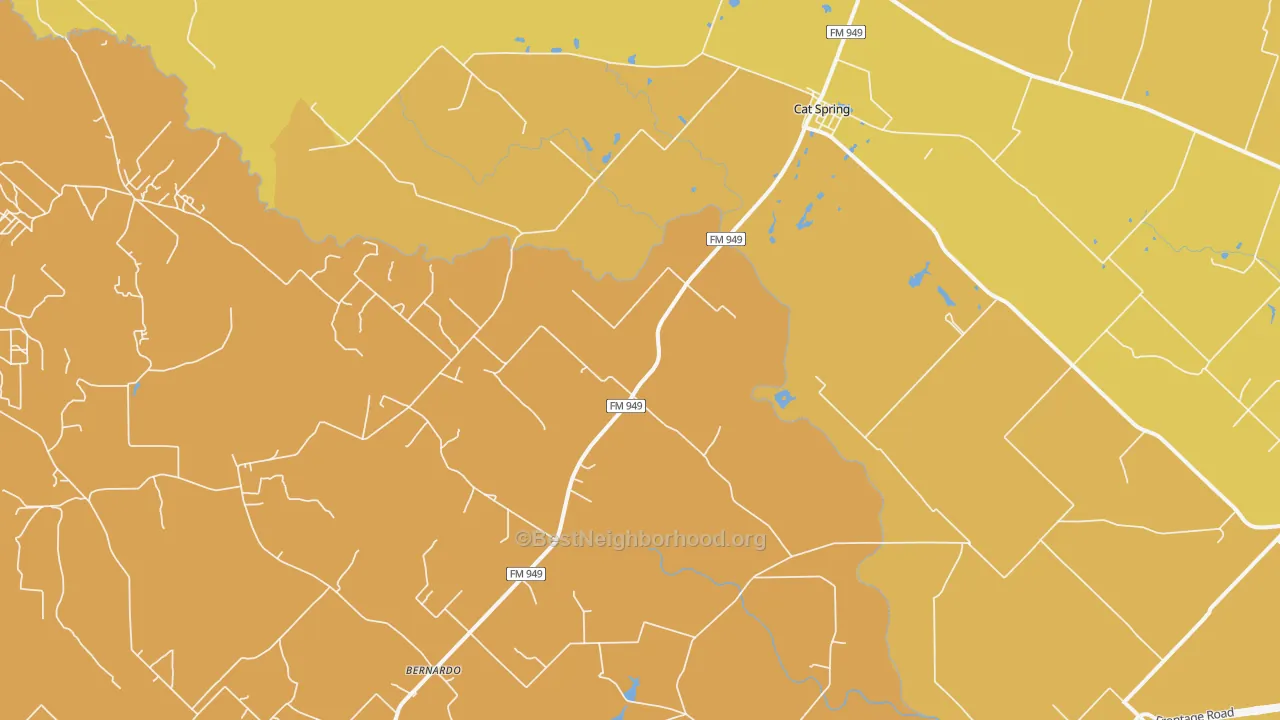 Map of the best neighborhoods in the Cat Spring area, with better matches in green and worse matches in red