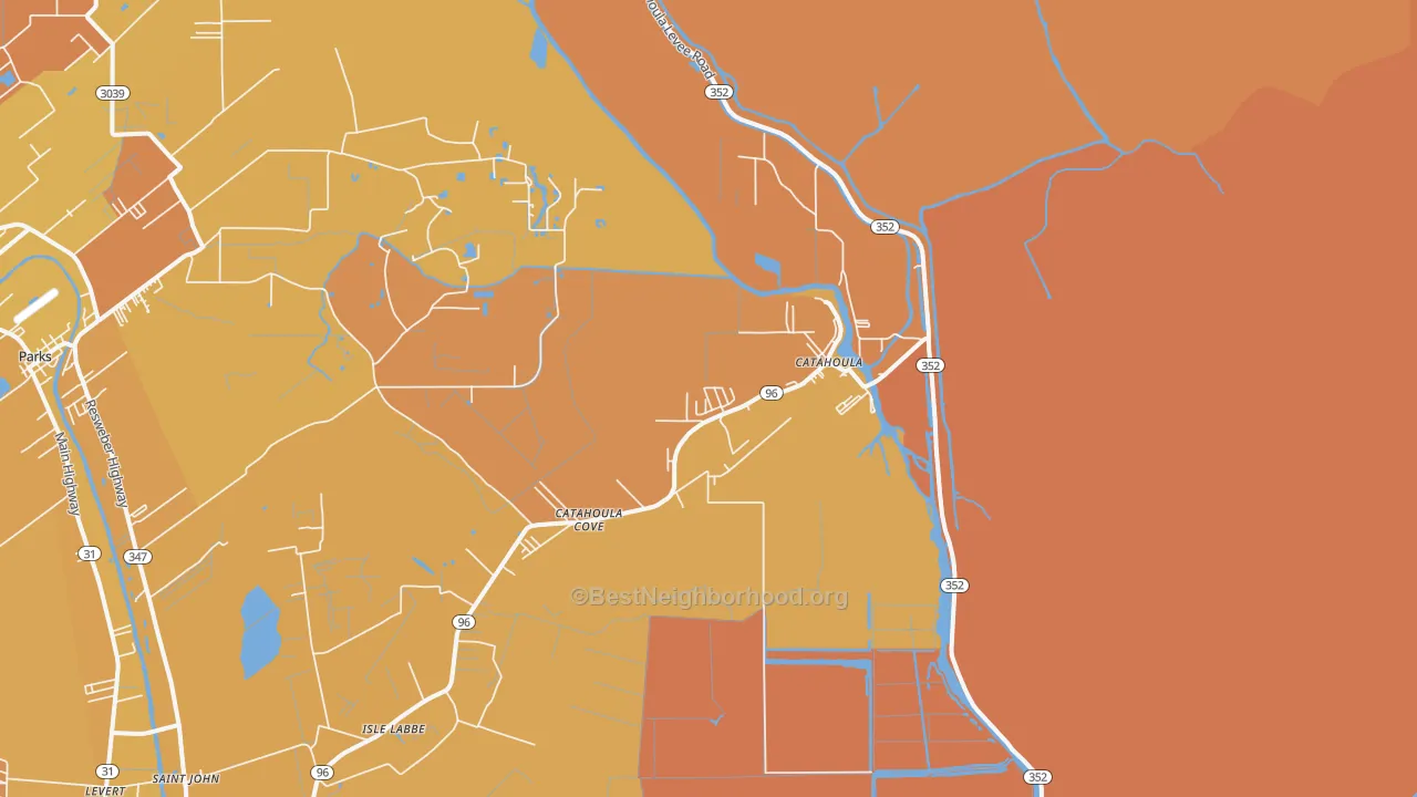 Map of the best neighborhoods in the Catahoula area, with better matches in green and worse matches in red