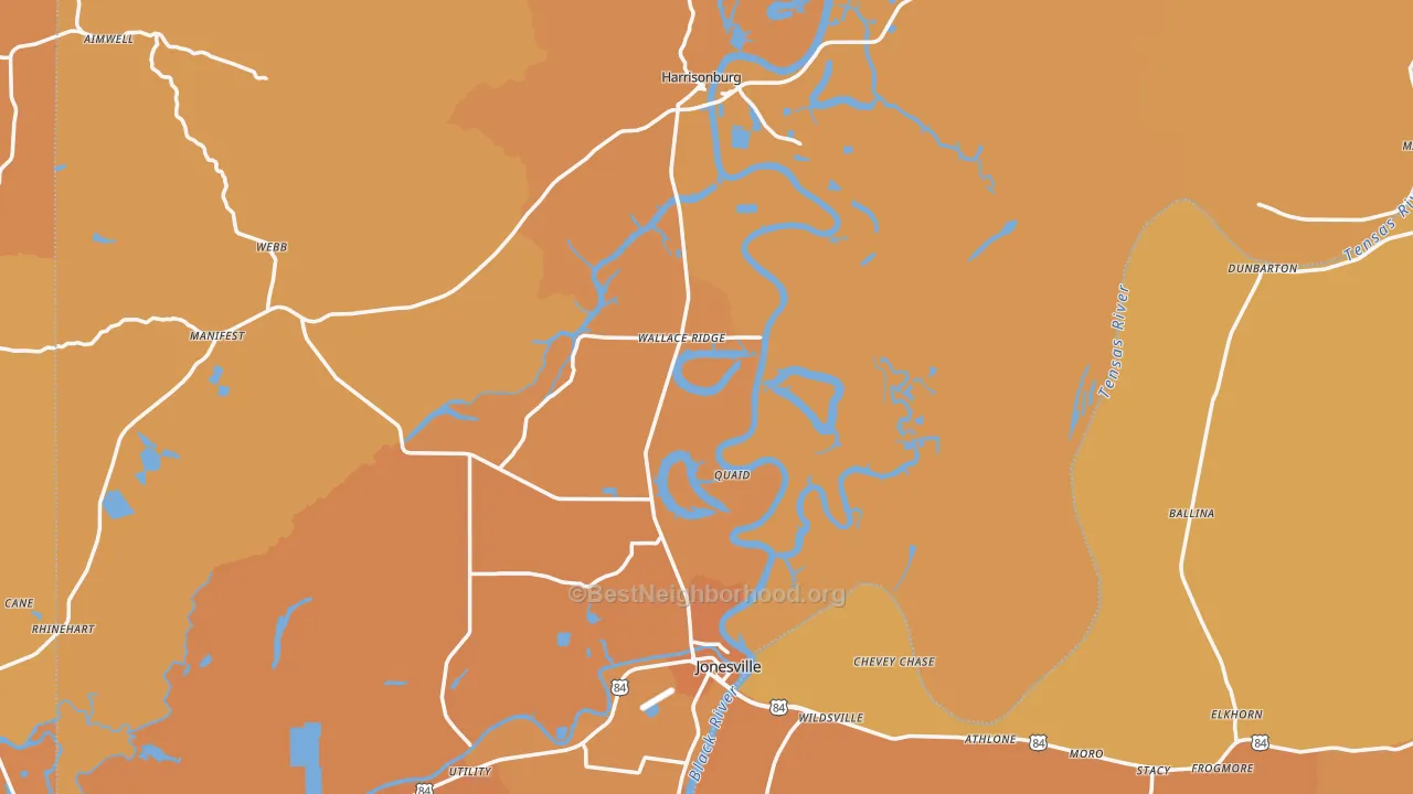 Map of the best neighborhoods in the Catahoula Parish area, with better matches in green and worse matches in red