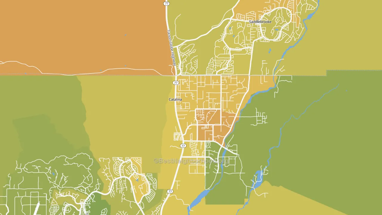 Map of the best neighborhoods in the Catalina area, with better matches in green and worse matches in red