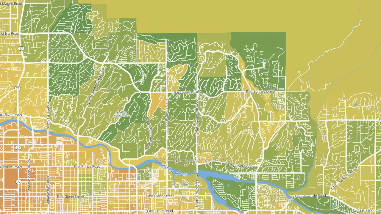 Map of the best neighborhoods in the Catalina Foothills area, with better matches in green and worse matches in red