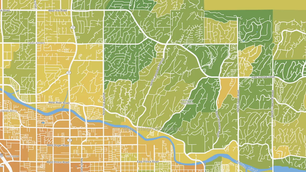 Map of the best neighborhoods in the Catalina Foothills Estates, Catalina Foothills area, with better matches in green and worse matches in red
