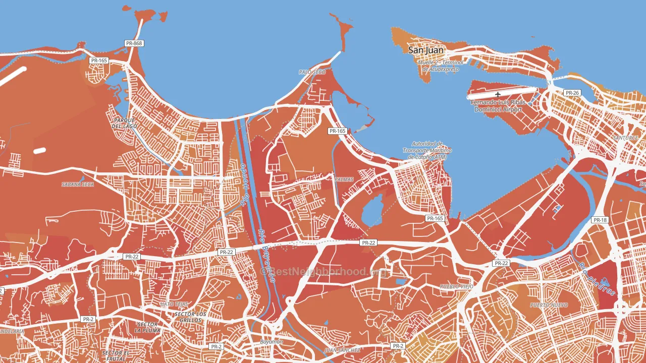 Map of the best neighborhoods in the Catano Municipio area, with better matches in green and worse matches in red