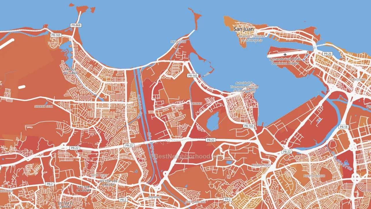 Map of the best neighborhoods in the Catano area, with better matches in green and worse matches in red