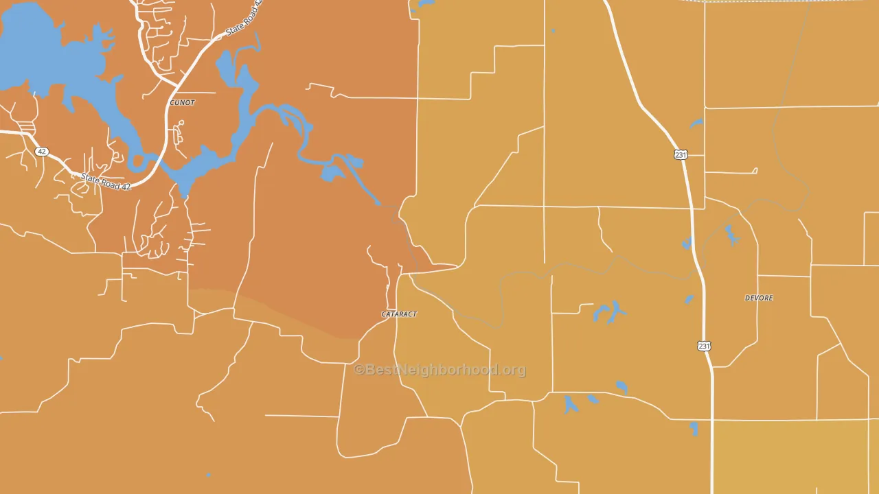 Map of the best neighborhoods in the Cataract area, with better matches in green and worse matches in red