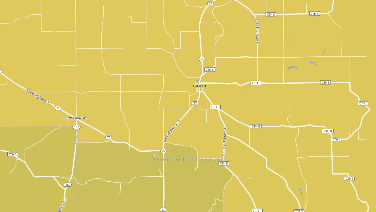 Map of the best neighborhoods in the Cataract area, with better matches in green and worse matches in red