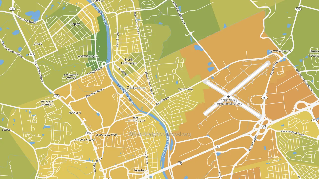 Map of the best neighborhoods in the Catasauqua area, with better matches in green and worse matches in red