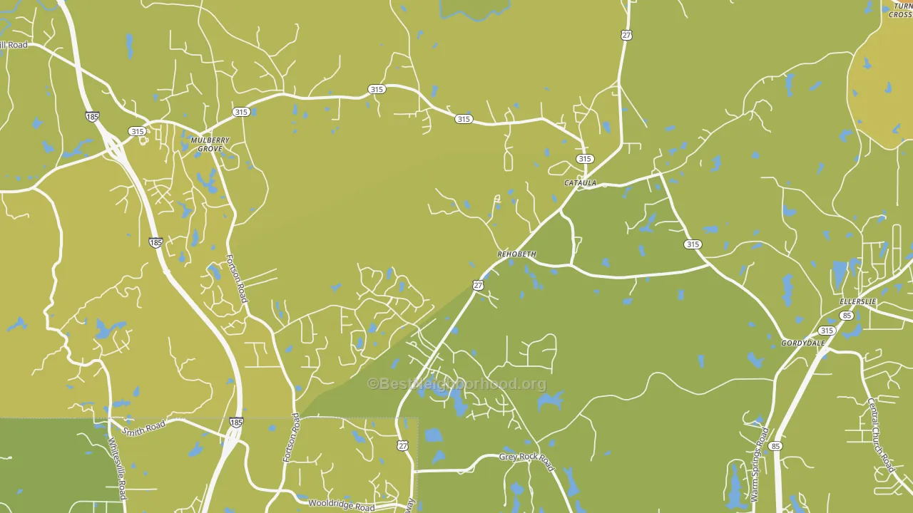 Map of the best neighborhoods in the Cataula area, with better matches in green and worse matches in red