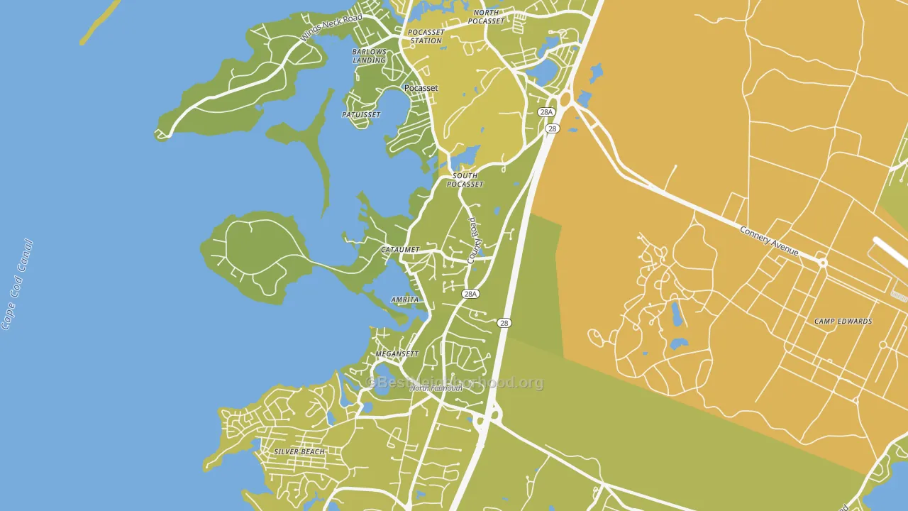 Map of the best neighborhoods in the Cataumet area, with better matches in green and worse matches in red