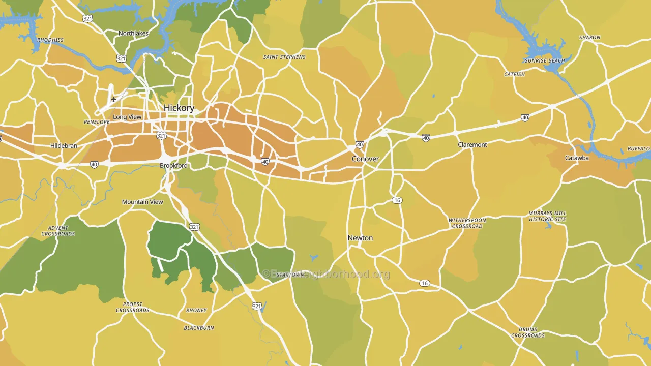 Map of the best neighborhoods in the Catawba County area, with better matches in green and worse matches in red