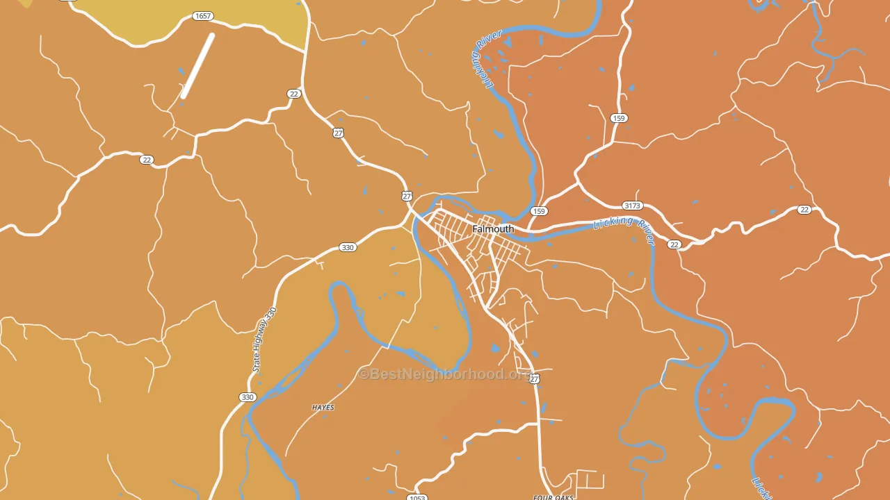 Map of the best neighborhoods in the Catawba area, with better matches in green and worse matches in red