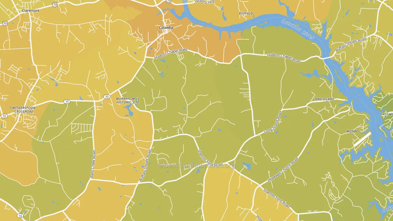 Map of the best neighborhoods in the Catawba area, with better matches in green and worse matches in red