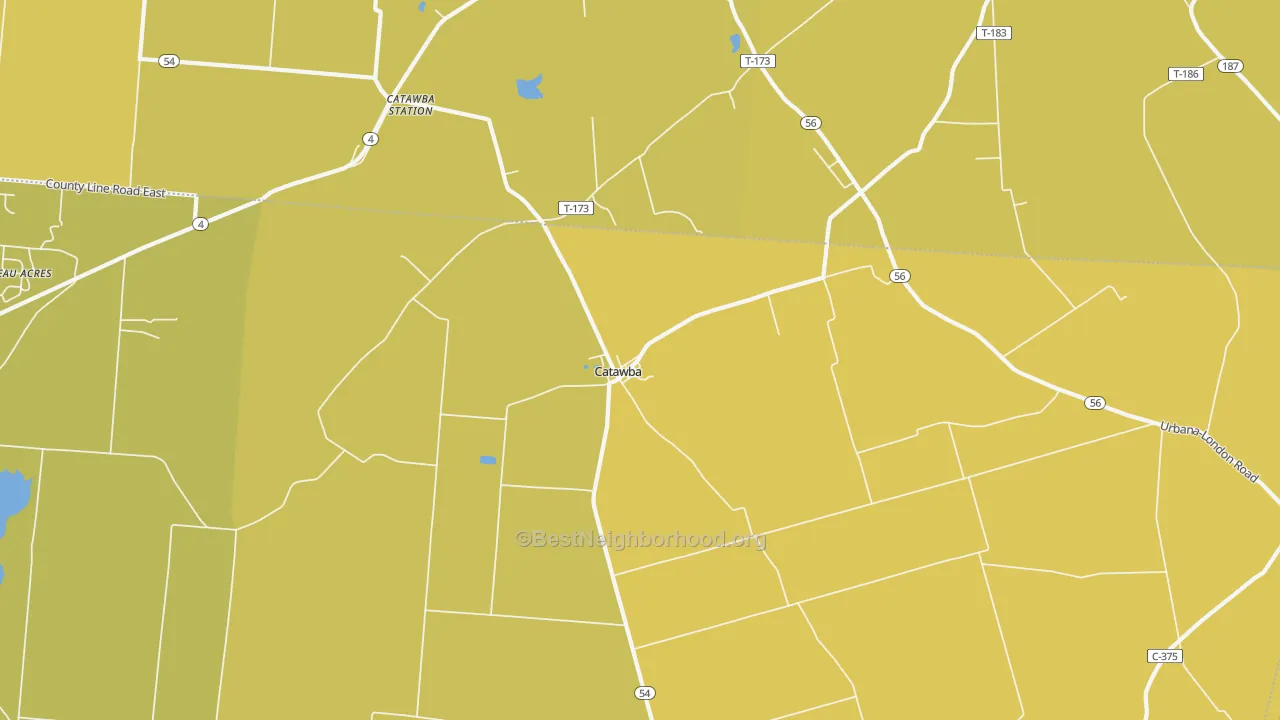 Map of the best neighborhoods in the Catawba area, with better matches in green and worse matches in red