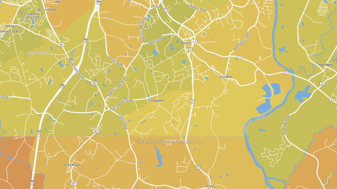 Map of the best neighborhoods in the Catawba area, with better matches in green and worse matches in red