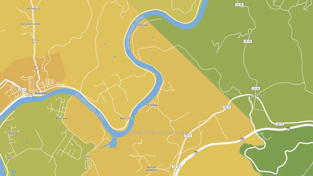 Map of the best neighborhoods in the Catawba area, with better matches in green and worse matches in red