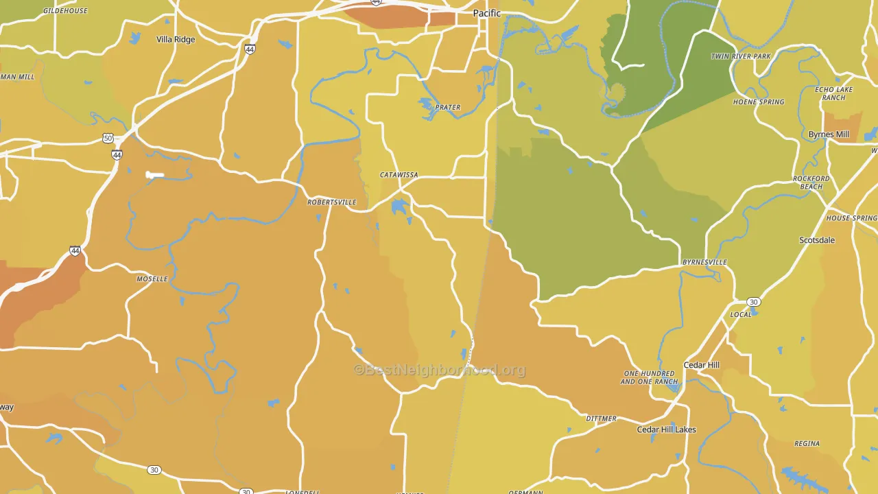 Map of the best neighborhoods in the Catawissa area, with better matches in green and worse matches in red