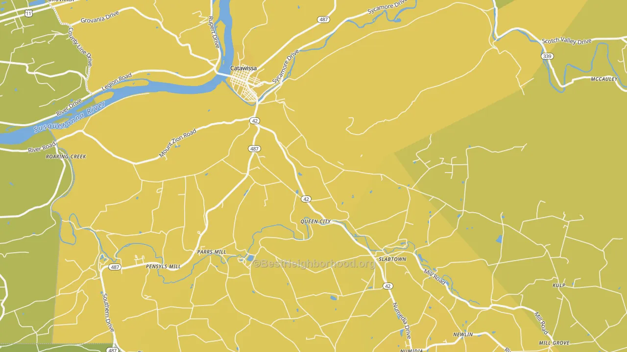 Map of the best neighborhoods in the Catawissa area, with better matches in green and worse matches in red