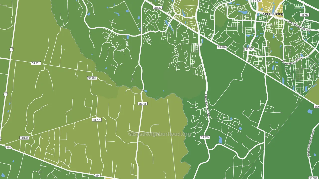 Map of the best neighborhoods in the Catharpin area, with better matches in green and worse matches in red