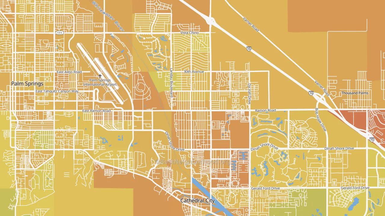 Map of the best neighborhoods in the Cathedral City area, with better matches in green and worse matches in red