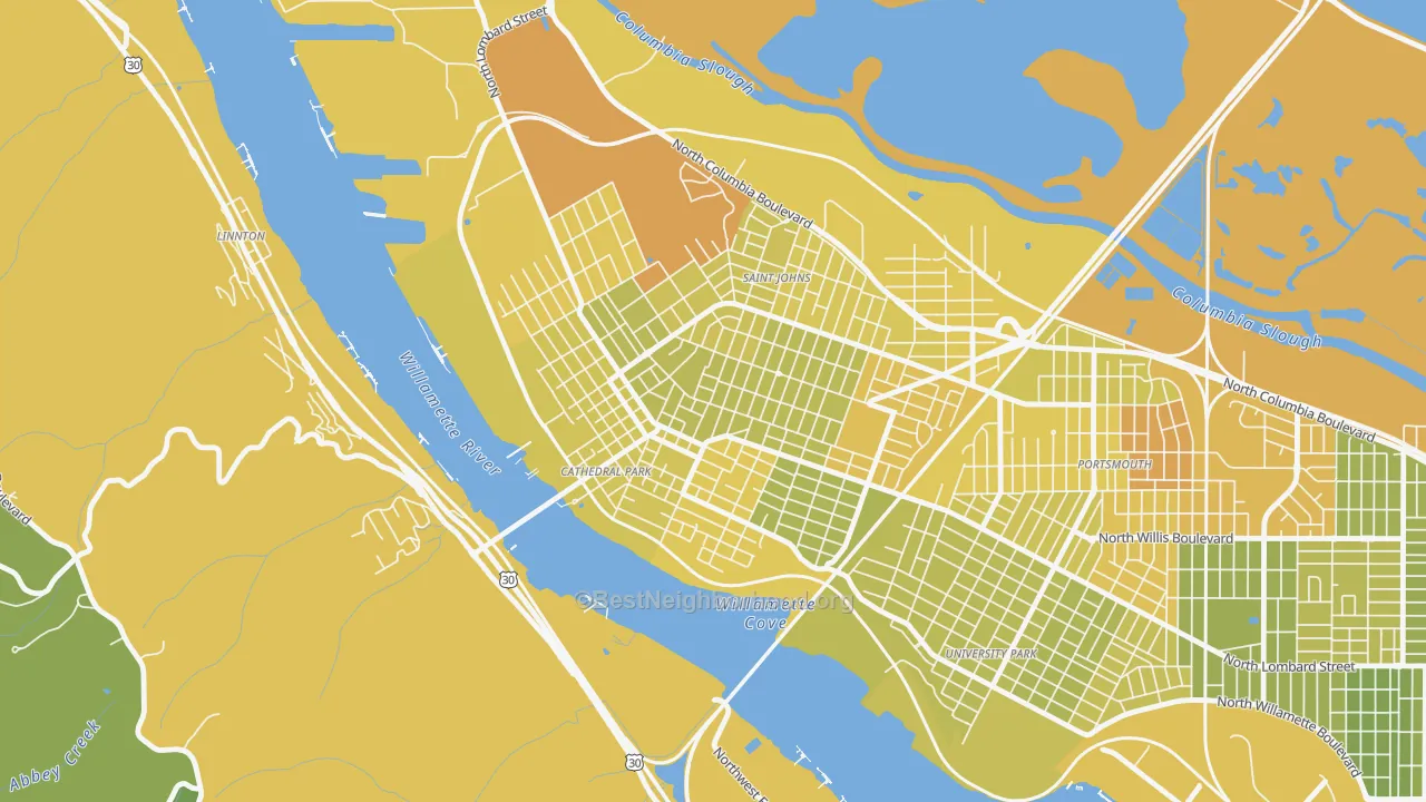 Map of the best neighborhoods in the Cathedral Park, Portland area, with better matches in green and worse matches in red