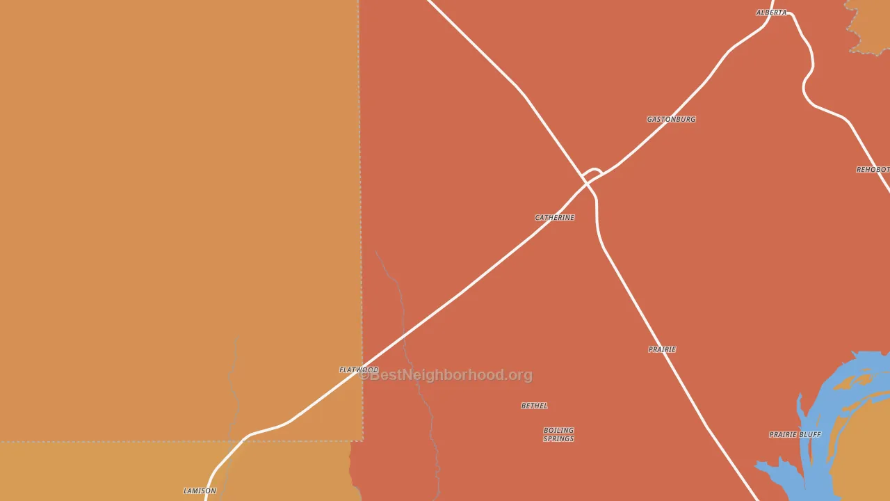 Map of the best neighborhoods in the Catherine area, with better matches in green and worse matches in red