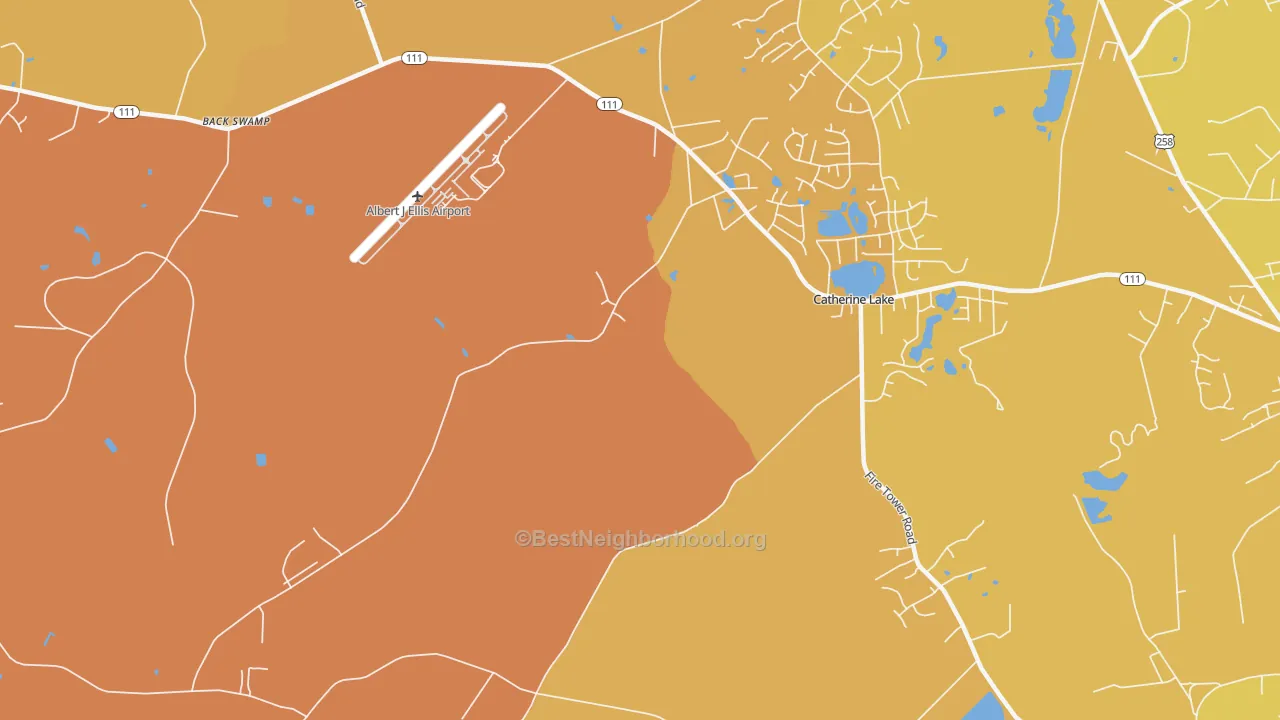 Map of the best neighborhoods in the Catherine Lake area, with better matches in green and worse matches in red
