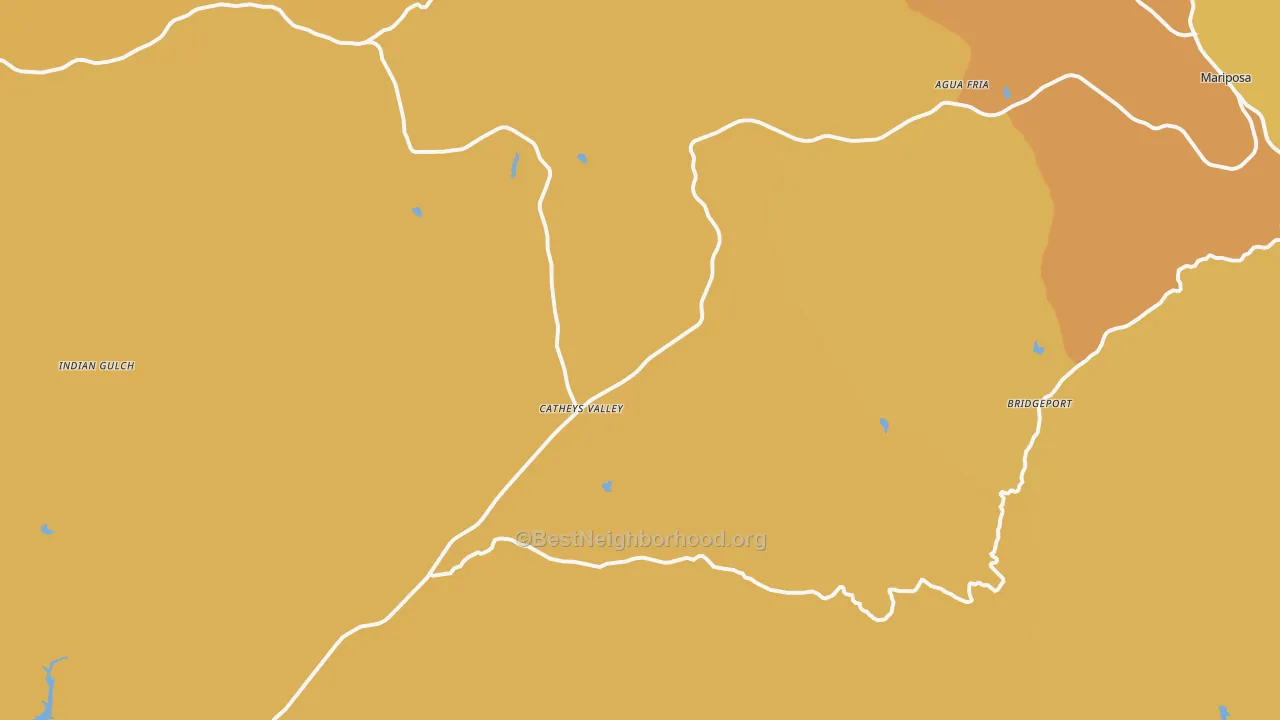 Map of the best neighborhoods in the Catheys Valley area, with better matches in green and worse matches in red