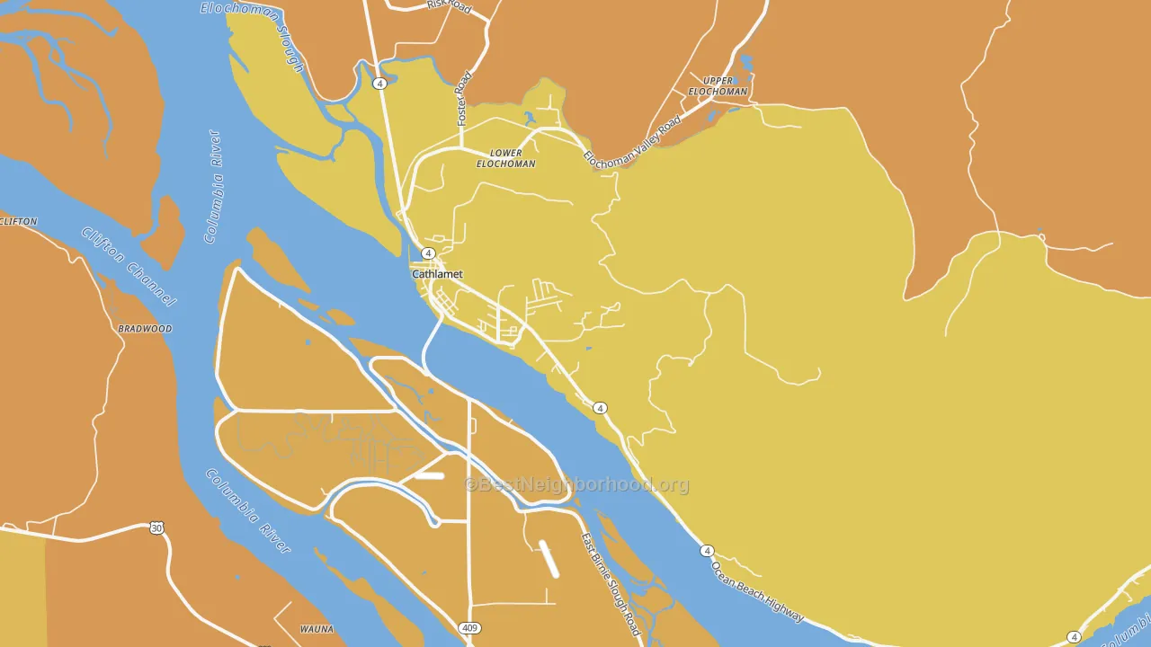 Map of the best neighborhoods in the Cathlamet area, with better matches in green and worse matches in red