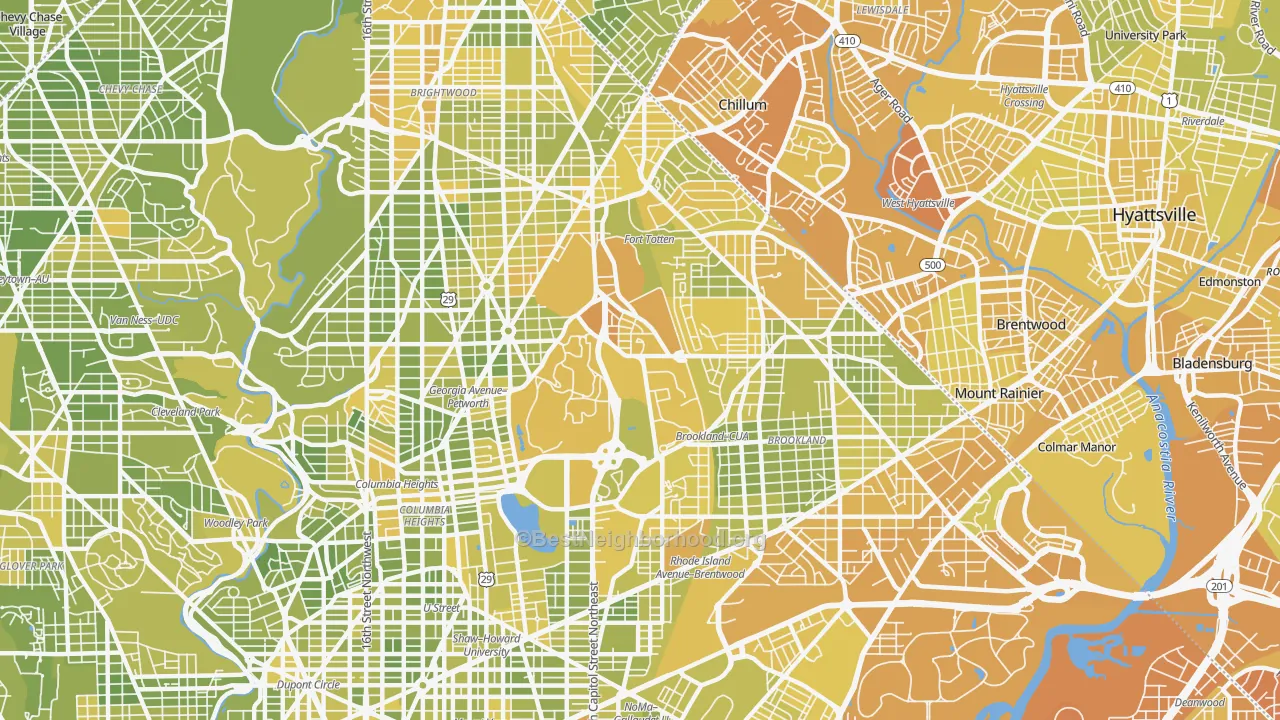 Map of the best neighborhoods in the Catholic University-Brookland, Washington area, with better matches in green and worse matches in red