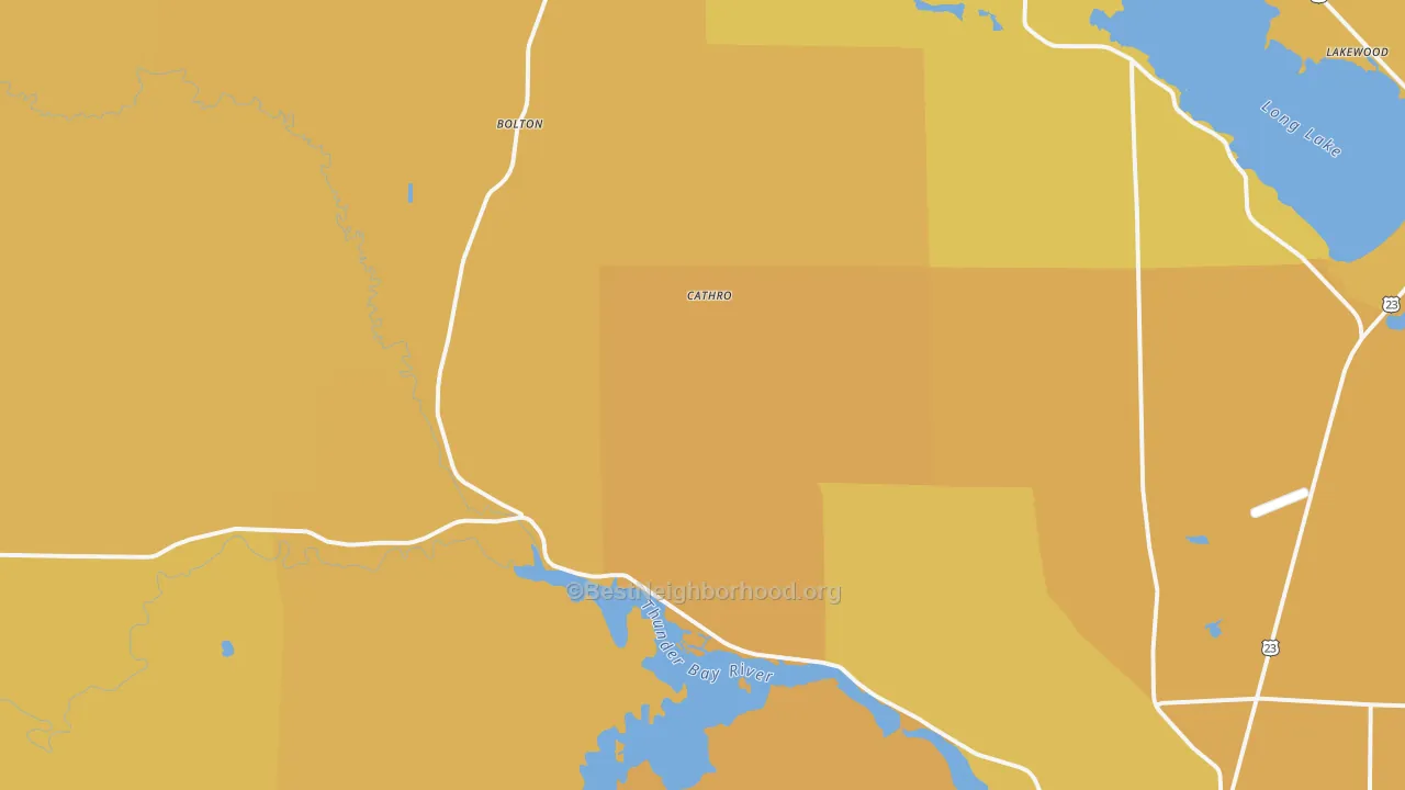 Map of the best neighborhoods in the Cathro area, with better matches in green and worse matches in red
