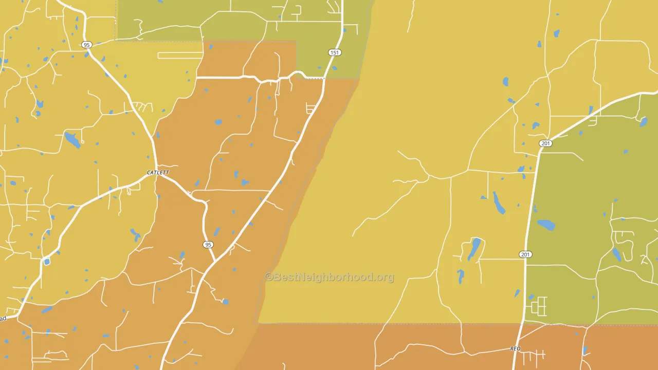 Map of the best neighborhoods in the Catlett area, with better matches in green and worse matches in red