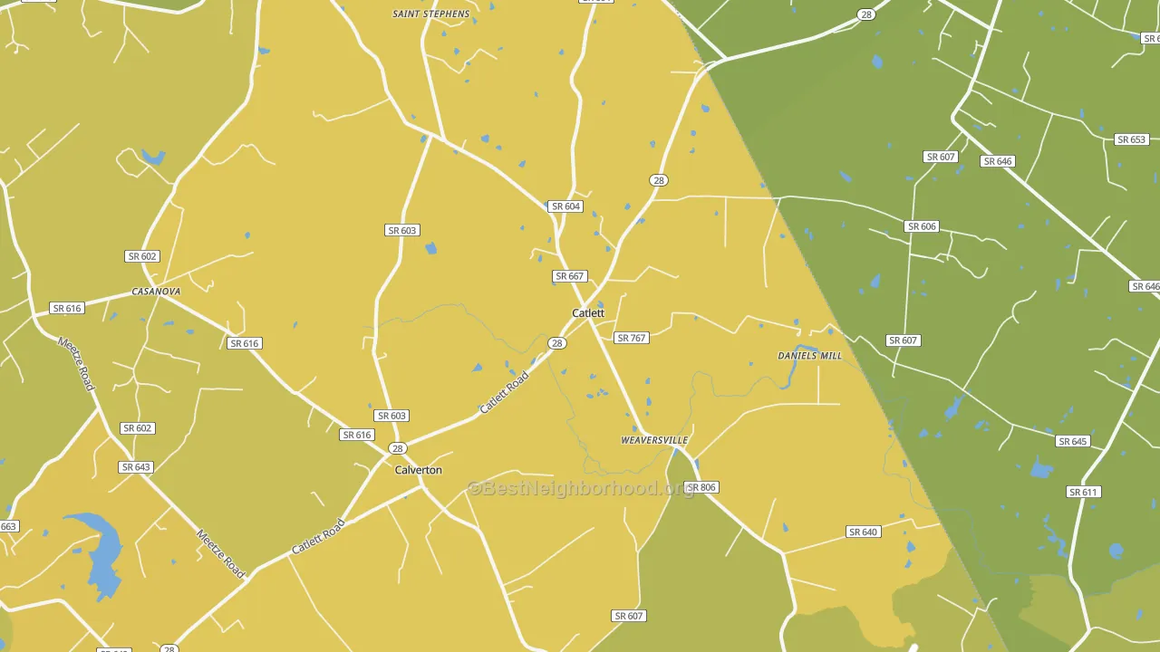 Map of the best neighborhoods in the Catlett area, with better matches in green and worse matches in red
