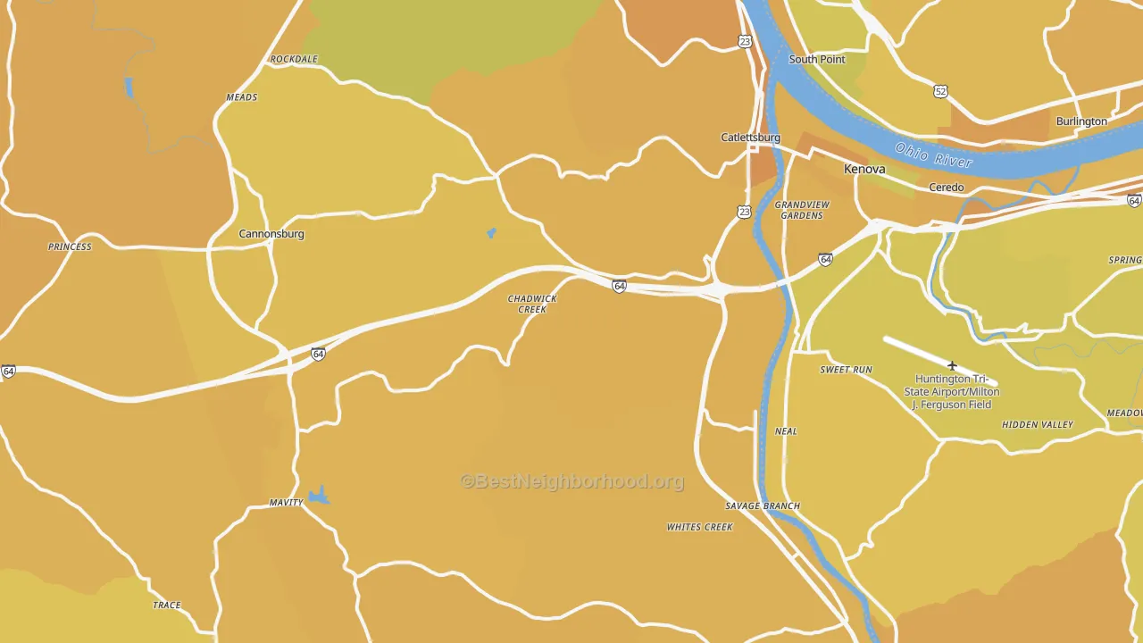 Map of the best neighborhoods in the Catlettsburg area, with better matches in green and worse matches in red