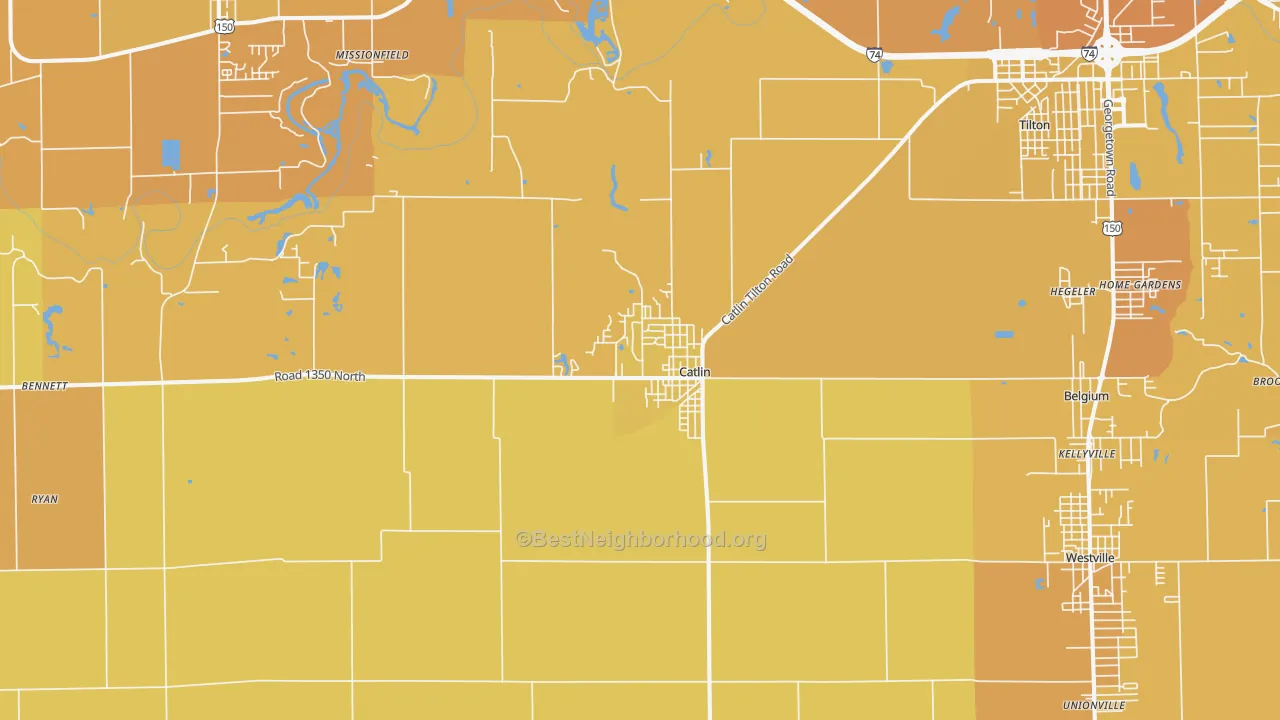Map of the best neighborhoods in the Catlin area, with better matches in green and worse matches in red