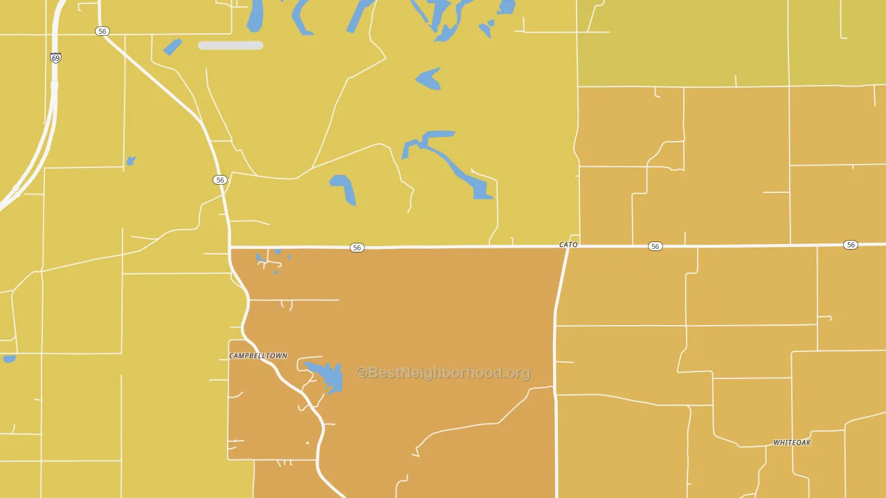 Map of the best neighborhoods in the Cato area, with better matches in green and worse matches in red