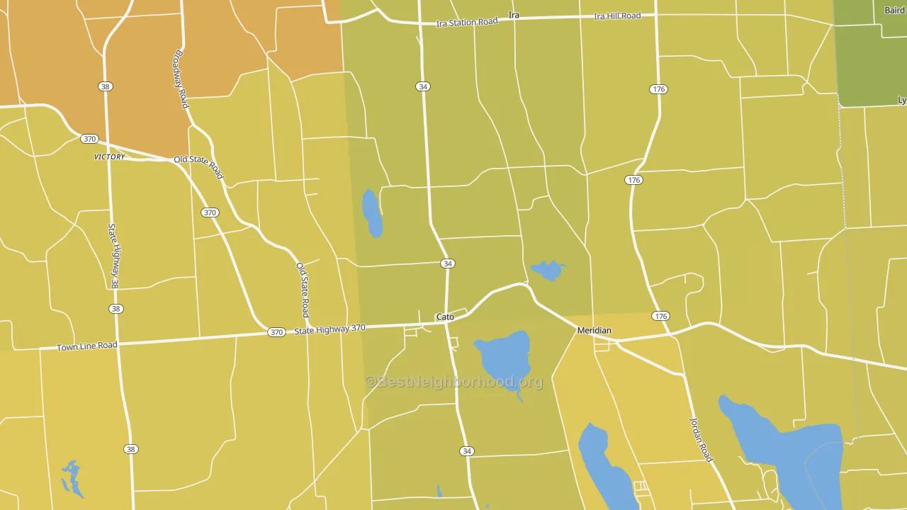 Map of the best neighborhoods in the Cato area, with better matches in green and worse matches in red