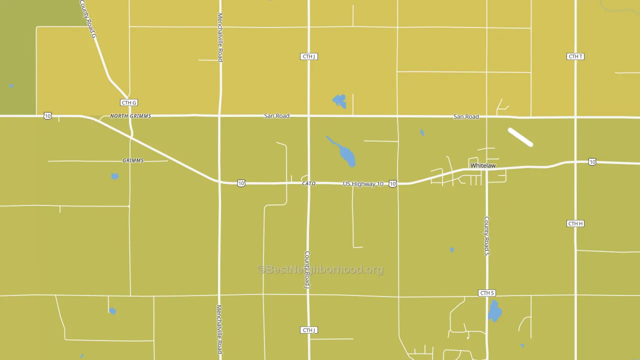 Map of the best neighborhoods in the Cato area, with better matches in green and worse matches in red