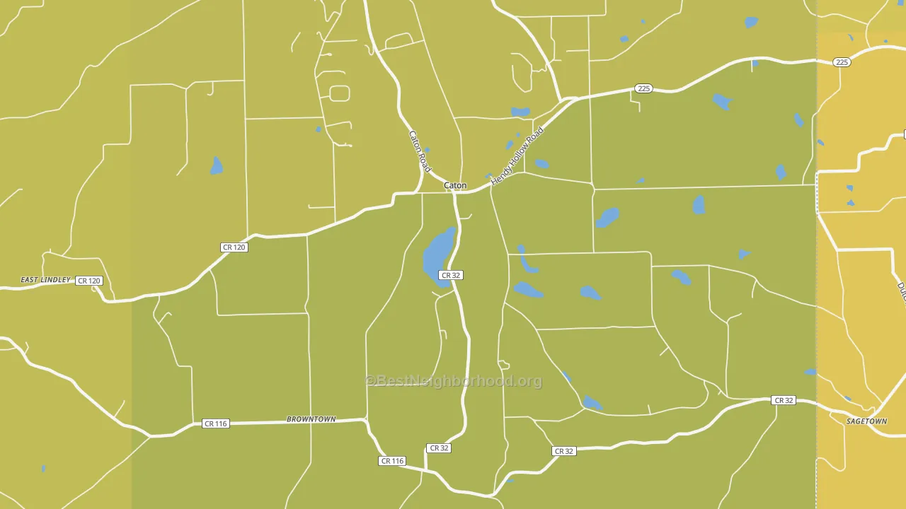 Map of the best neighborhoods in the Caton area, with better matches in green and worse matches in red