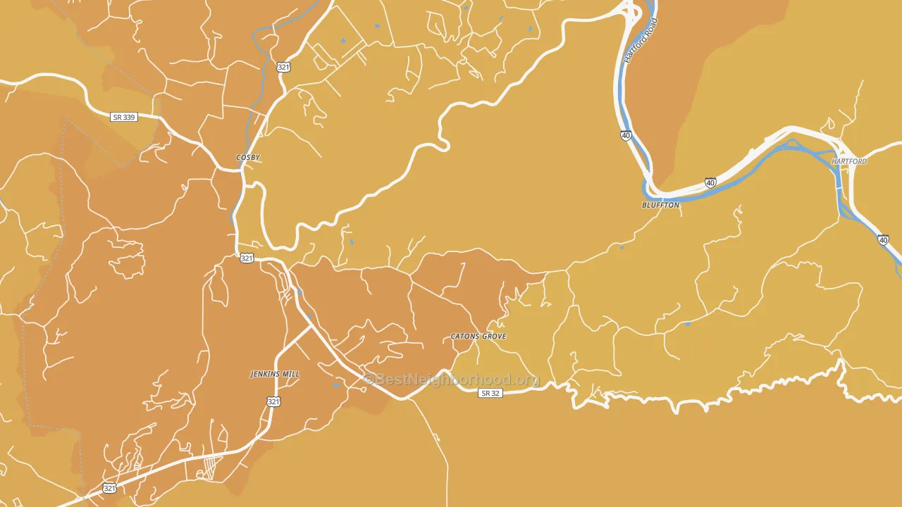 Map of the best neighborhoods in the Catons Grove area, with better matches in green and worse matches in red