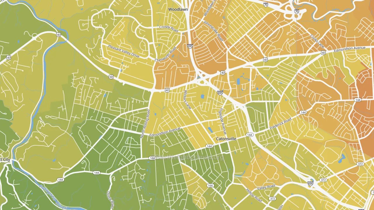 Map of the best neighborhoods in the Catonsville Heights, Catonsville area, with better matches in green and worse matches in red