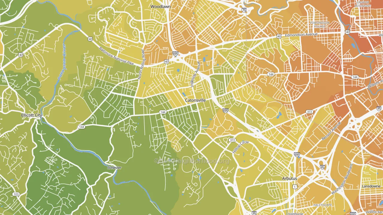 Map of the best neighborhoods in the Catonsville area, with better matches in green and worse matches in red
