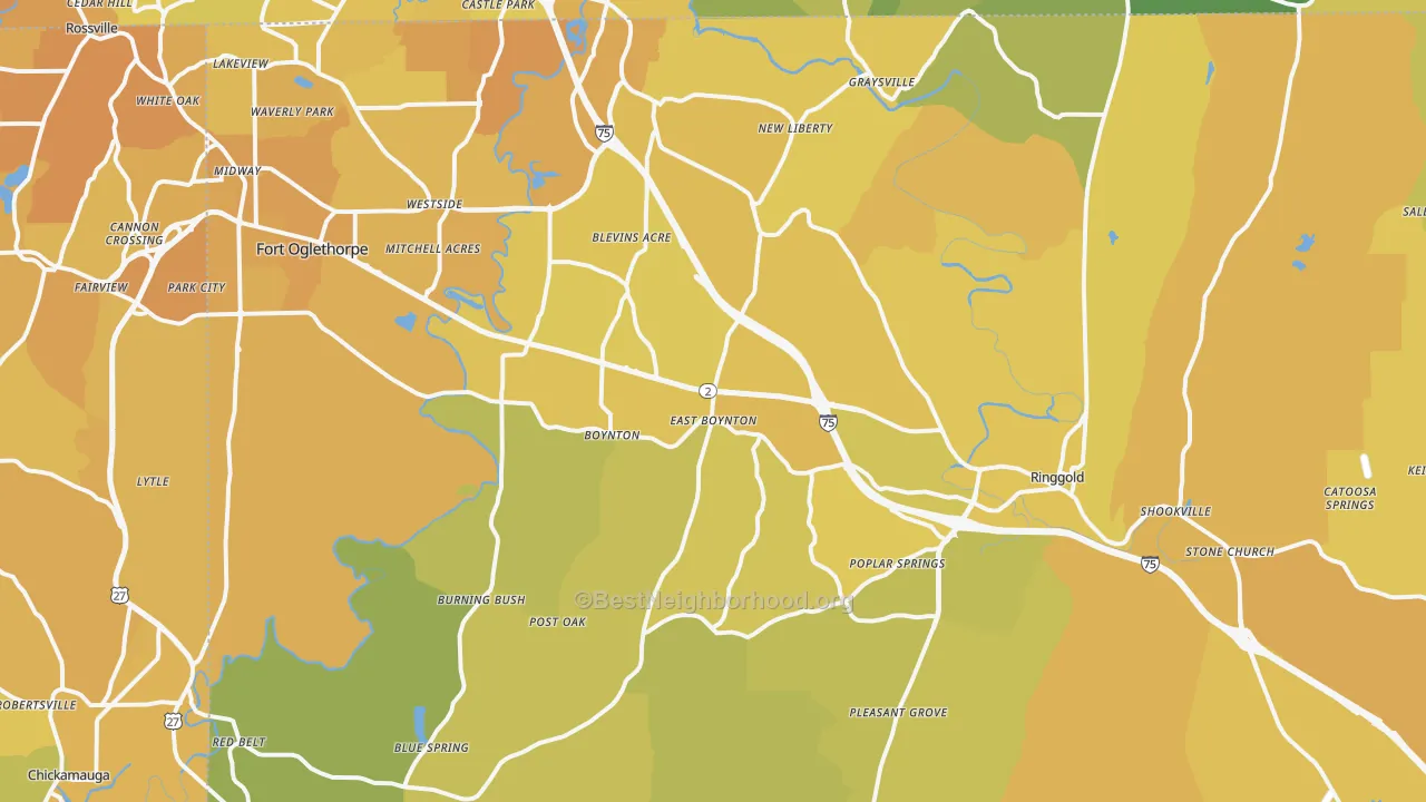 Map of the best neighborhoods in the Catoosa County area, with better matches in green and worse matches in red