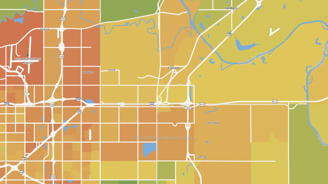 Map of the best neighborhoods in the Catoosa area, with better matches in green and worse matches in red