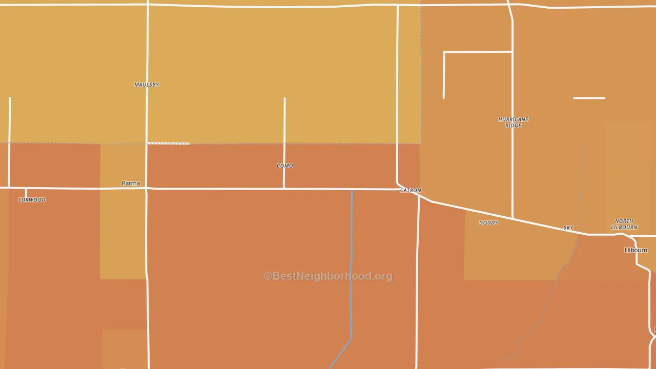 Map of the best neighborhoods in the Catron area, with better matches in green and worse matches in red
