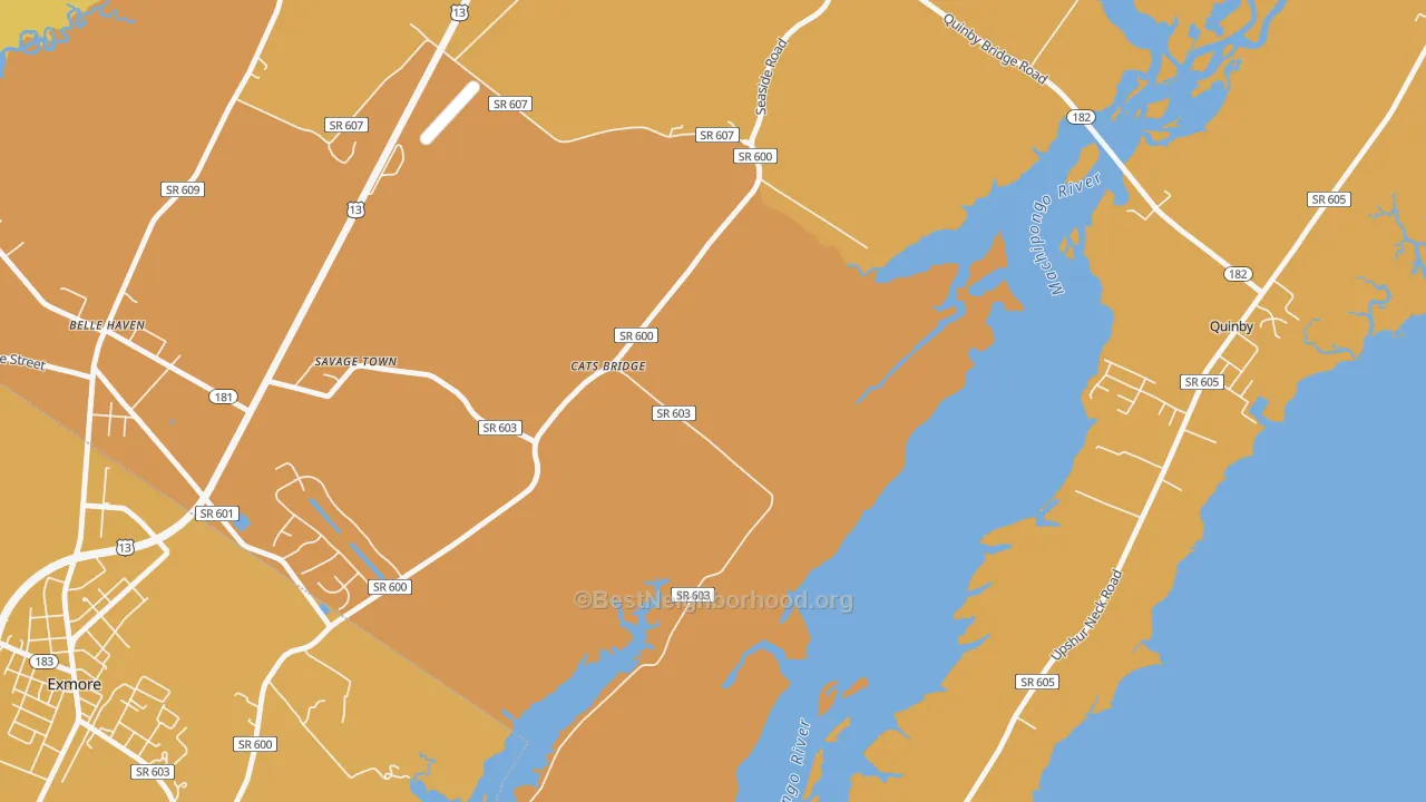 Map of the best neighborhoods in the Cats Bridge area, with better matches in green and worse matches in red
