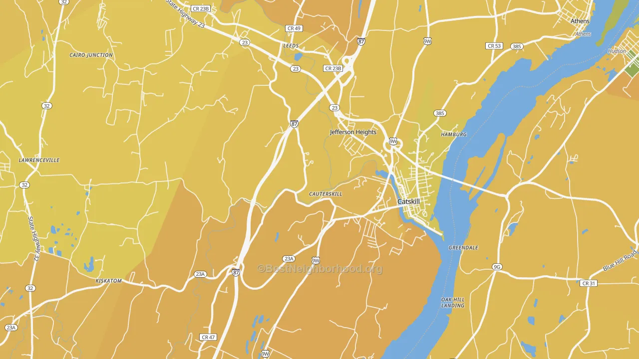 Map of the best neighborhoods in the Catskill area, with better matches in green and worse matches in red