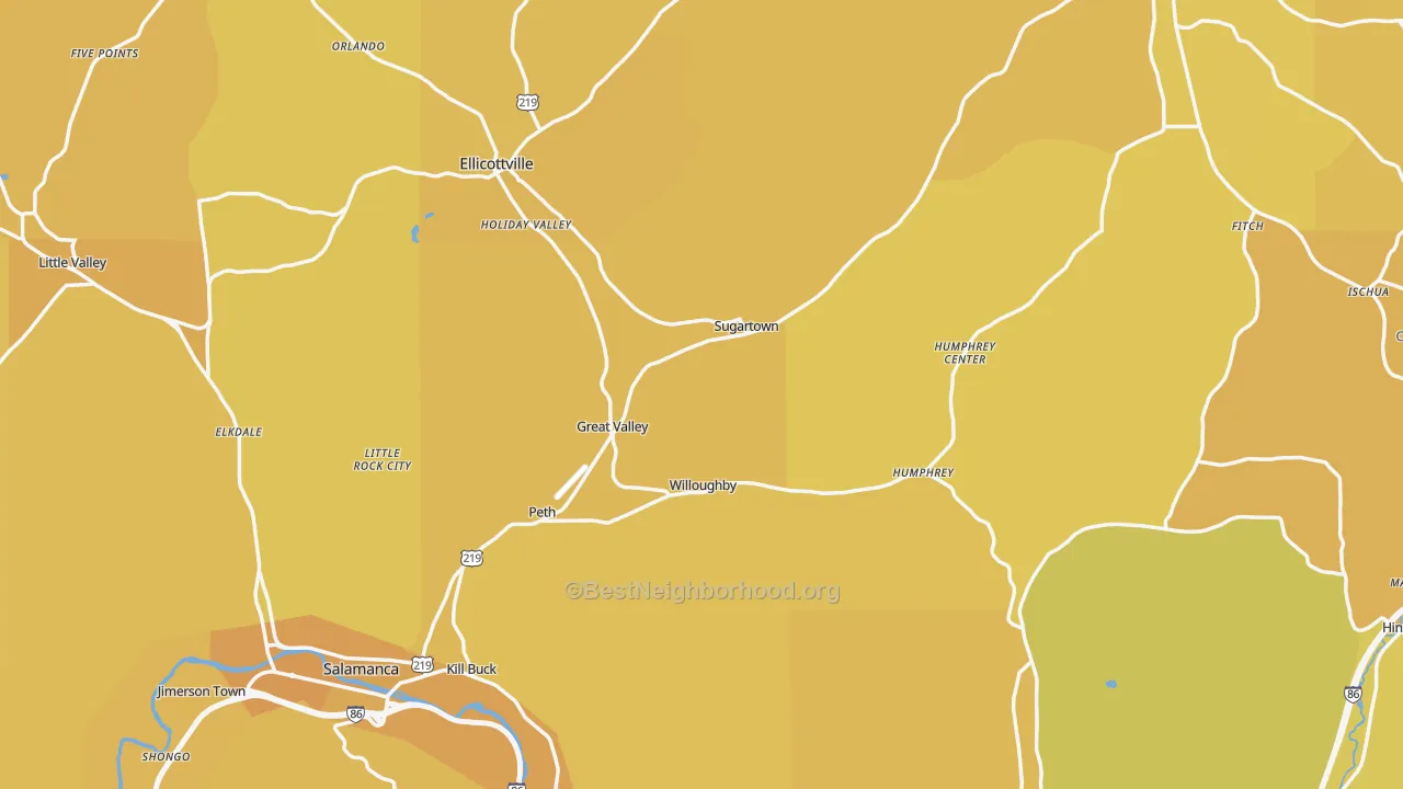 Map of the best neighborhoods in the Cattaraugus County area, with better matches in green and worse matches in red