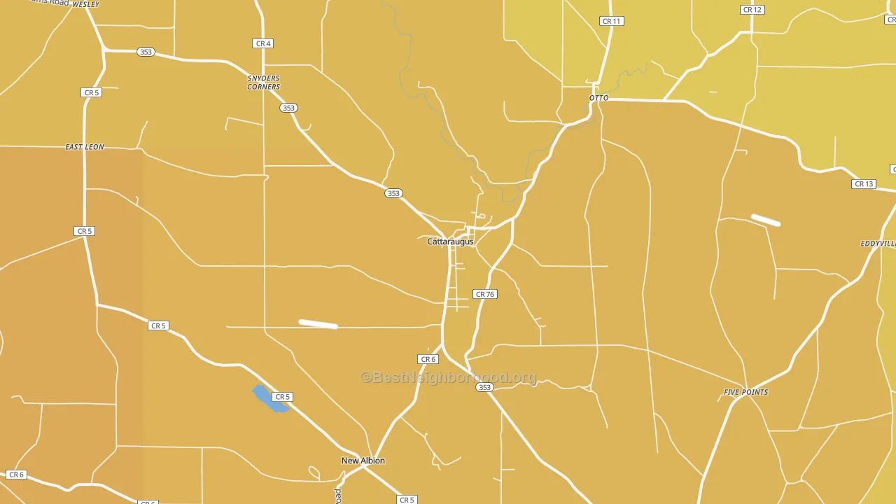 Map of the best neighborhoods in the Cattaraugus area, with better matches in green and worse matches in red